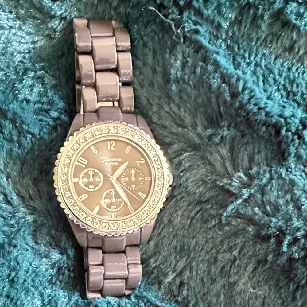 Beautiful Geneva Silver and Grey Watch With Crystal Accents.